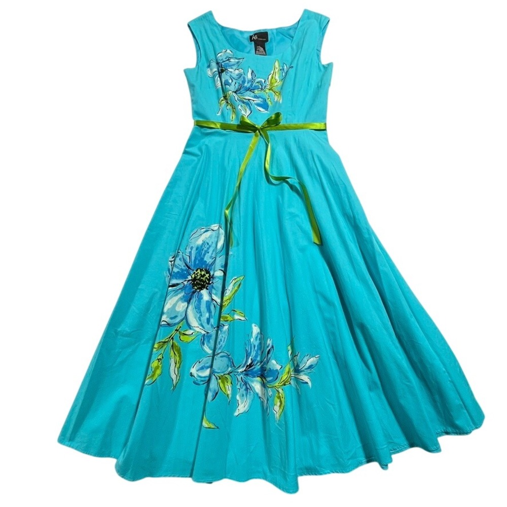 KS Collection Cotton Fit & Flare Dress Sz 6 Watercolor Floral Midi Ribbon Belt